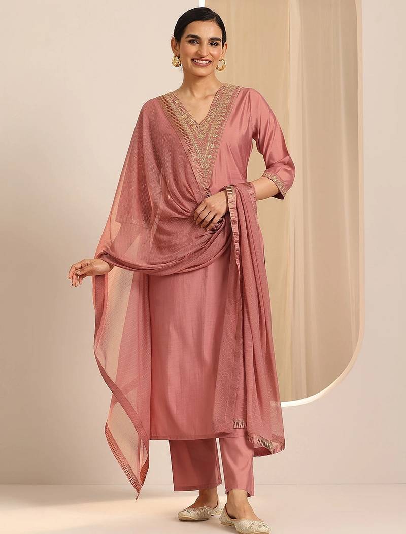 Peach embroidered roman silk kurti with pant and duppata set