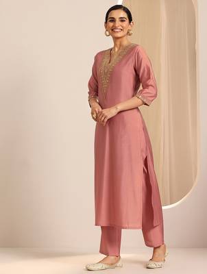 Peach embroidered roman silk kurti with pant and duppata set 2