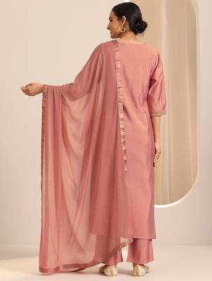 Peach embroidered roman silk kurti with pant and duppata set 3