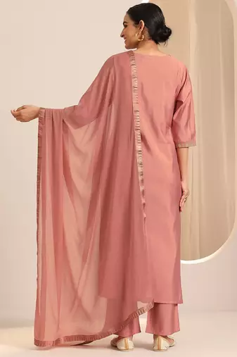 Peach embroidered roman silk kurti with pant and duppata set