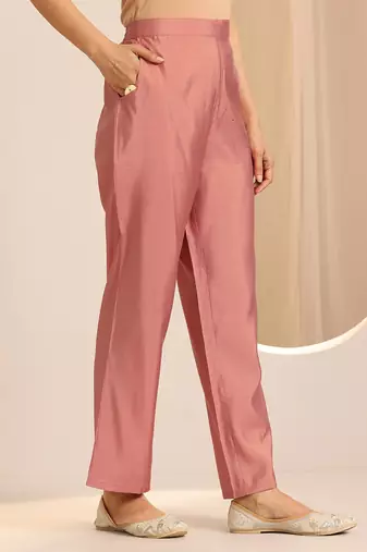 Peach embroidered roman silk kurti with pant and duppata set