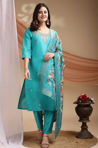 Blue embroidered poly cotton kurti with pant and duppata set