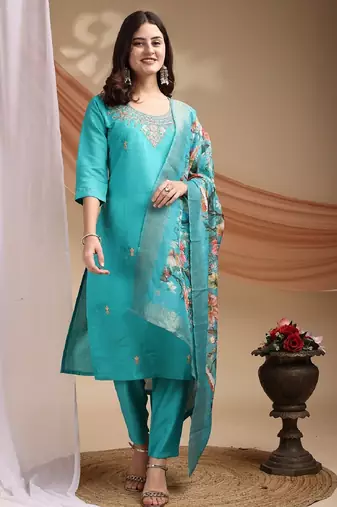 Blue embroidered poly cotton kurti with pant and duppata set