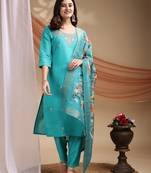 Blue embroidered poly cotton kurti with pant and duppata set