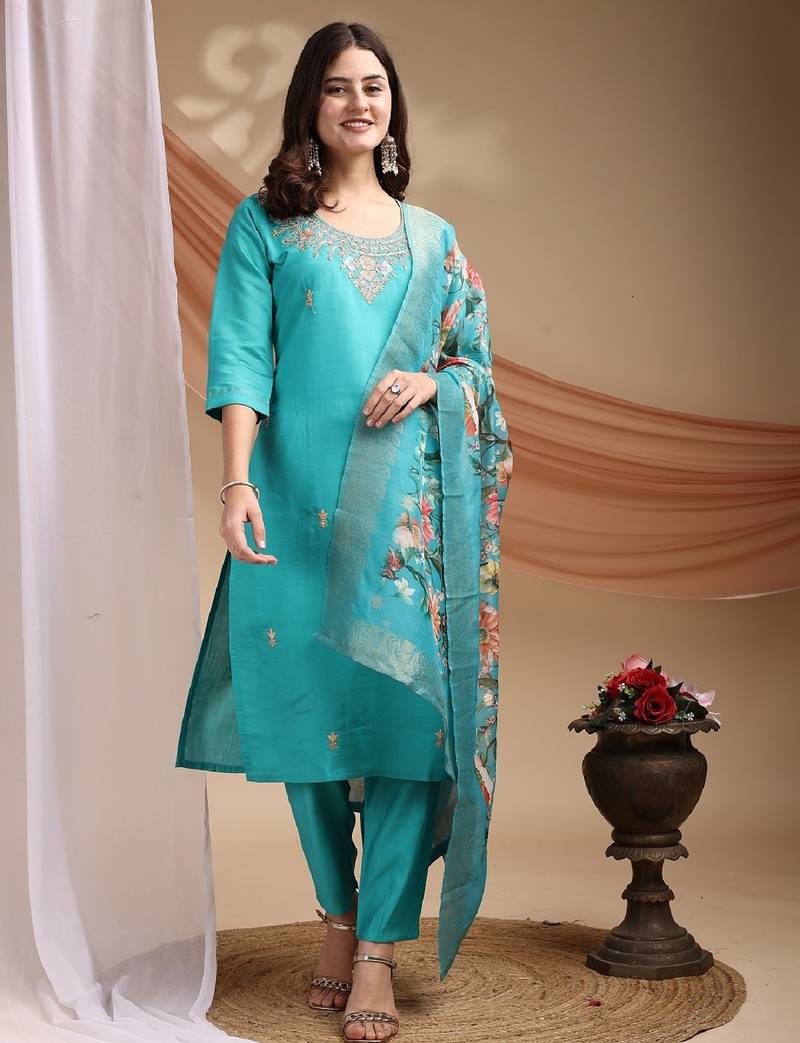 Blue embroidered poly cotton kurti with pant and duppata set