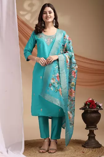 Blue embroidered poly cotton kurti with pant and duppata set