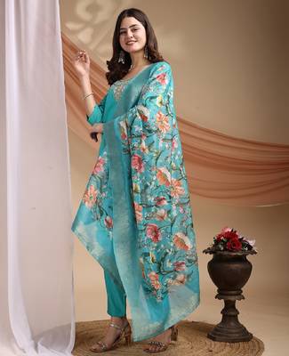 Blue embroidered poly cotton kurti with pant and duppata set 3