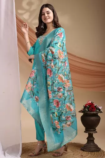 Blue embroidered poly cotton kurti with pant and duppata set