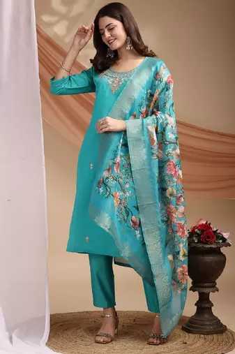 Blue embroidered poly cotton kurti with pant and duppata set