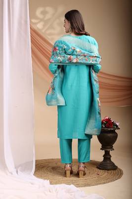 Blue embroidered poly cotton kurti with pant and duppata set 5