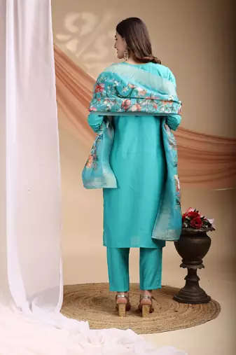 Blue embroidered poly cotton kurti with pant and duppata set