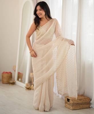 Cream chiffon zari embroidered saree with unstitched blouse piece. 3