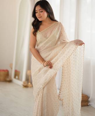 Cream chiffon zari embroidered saree with unstitched blouse piece. 4