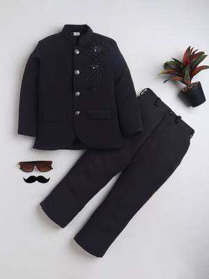 Boys black lycra floral beadwork embroidered bandhgala blazer & trouser set 1