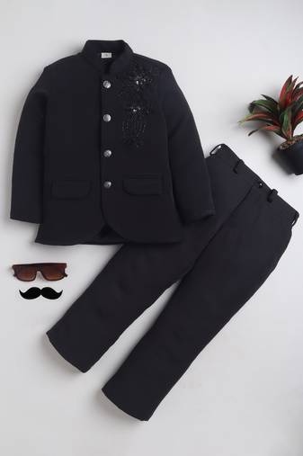 Boys black lycra floral beadwork embroidered bandhgala blazer & trouser set
