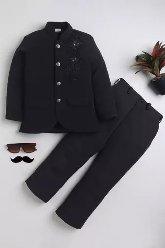 Boys black lycra floral beadwork embroidered bandhgala blazer & trouser set