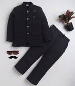 Boys black lycra floral beadwork embroidered bandhgala blazer & trouser set