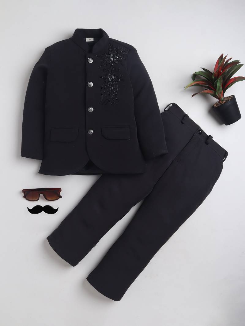 Boys black lycra floral beadwork embroidered bandhgala blazer & trouser set