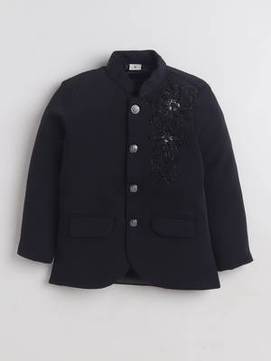 Boys black lycra floral beadwork embroidered bandhgala blazer & trouser set 3
