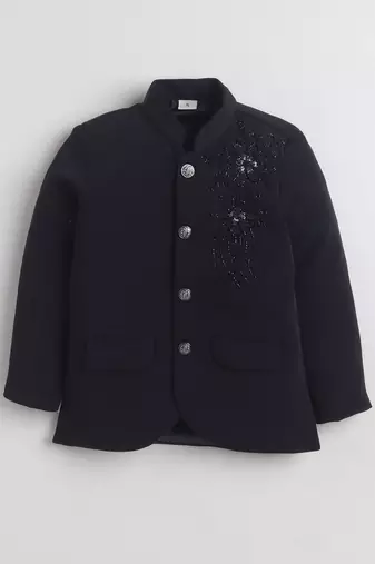 Boys black lycra floral beadwork embroidered bandhgala blazer & trouser set
