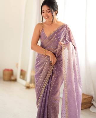 Lilac chiffon zari embroidered saree with unstitched blouse piece. 1