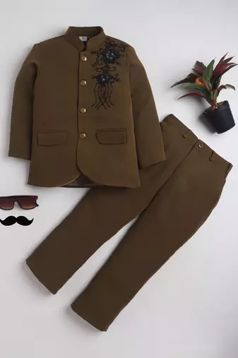 Boys brown lycra floral beadwork embroidered bandhgala blazer & trouser set