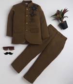 Boys brown lycra floral beadwork embroidered bandhgala blazer & trouser set