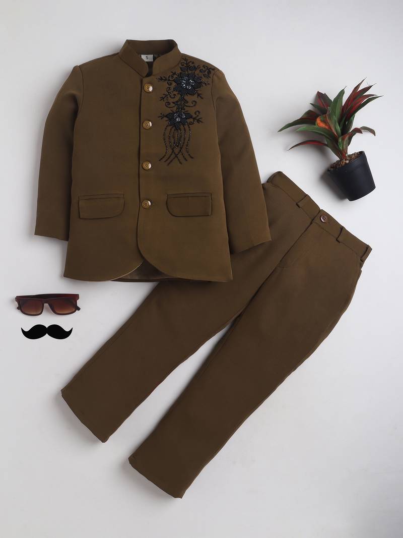 Boys brown lycra floral beadwork embroidered bandhgala blazer & trouser set