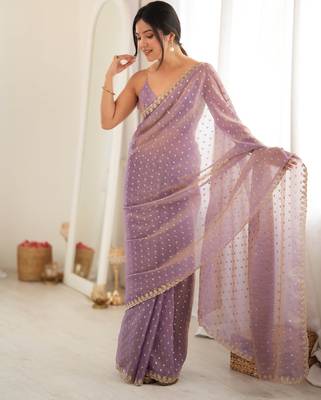Lilac chiffon zari embroidered saree with unstitched blouse piece. 3