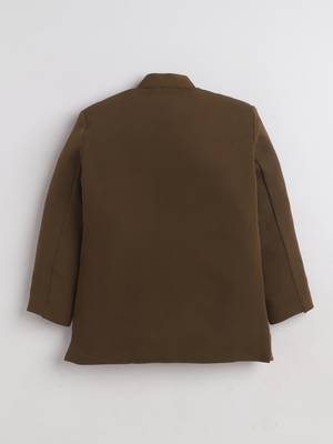 Boys brown lycra floral beadwork embroidered bandhgala blazer & trouser set 2