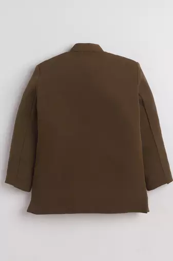 Boys brown lycra floral beadwork embroidered bandhgala blazer & trouser set