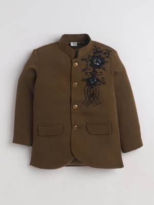 Boys brown lycra floral beadwork embroidered bandhgala blazer & trouser set 3