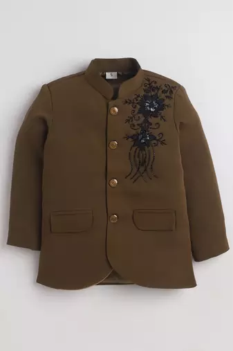 Boys brown lycra floral beadwork embroidered bandhgala blazer & trouser set
