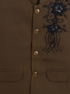 Boys brown lycra floral beadwork embroidered bandhgala blazer & trouser set 4