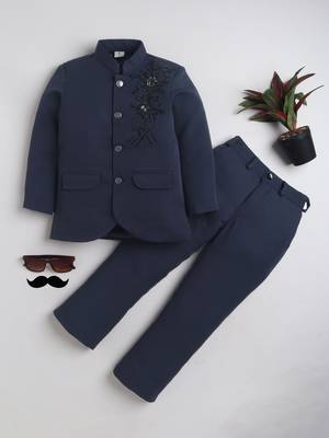 Boys navy blue lycra floral beadwork embroidered bandhgala blazer & trouser set 1