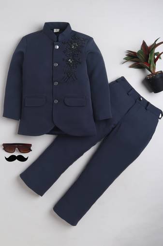 Boys navy blue lycra floral beadwork embroidered bandhgala blazer & trouser set