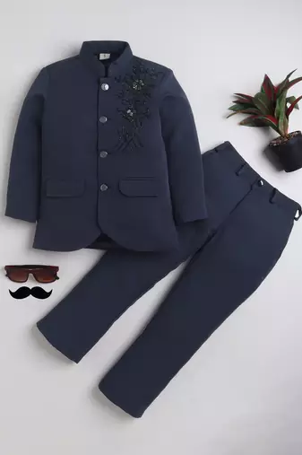 Boys navy blue lycra floral beadwork embroidered bandhgala blazer & trouser set