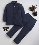 Boys navy blue lycra floral beadwork embroidered bandhgala blazer & trouser set