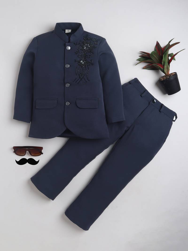 Boys navy blue lycra floral beadwork embroidered bandhgala blazer & trouser set
