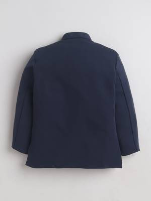 Boys navy blue lycra floral beadwork embroidered bandhgala blazer & trouser set 2