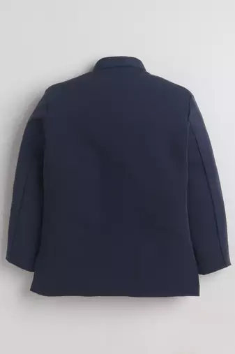 Boys navy blue lycra floral beadwork embroidered bandhgala blazer & trouser set