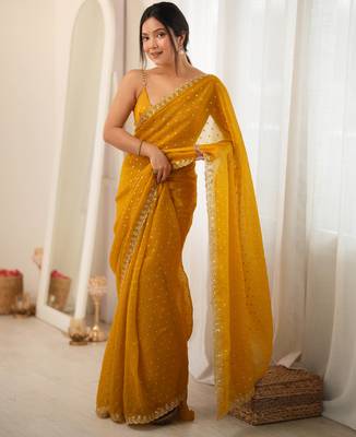 Mustard chiffon zari embroidered saree with unstitched blouse piece. 2