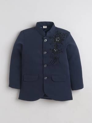 Boys navy blue lycra floral beadwork embroidered bandhgala blazer & trouser set 3