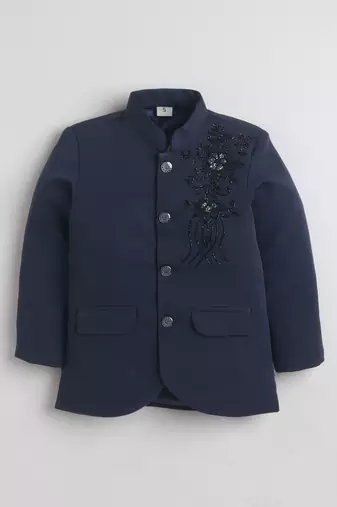 Boys navy blue lycra floral beadwork embroidered bandhgala blazer & trouser set