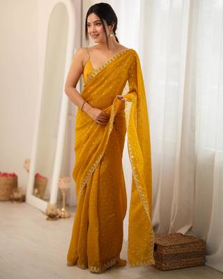 Mustard chiffon zari embroidered saree with unstitched blouse piece. 3