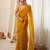 Mustard chiffon zari embroidered saree with unstitched blouse piece.