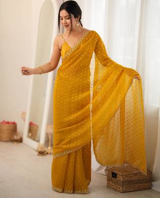 Mustard chiffon zari embroidered saree with unstitched blouse piece. 4