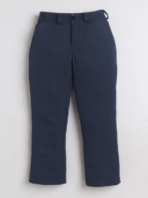 Boys navy blue lycra floral beadwork embroidered bandhgala blazer & trouser set 4