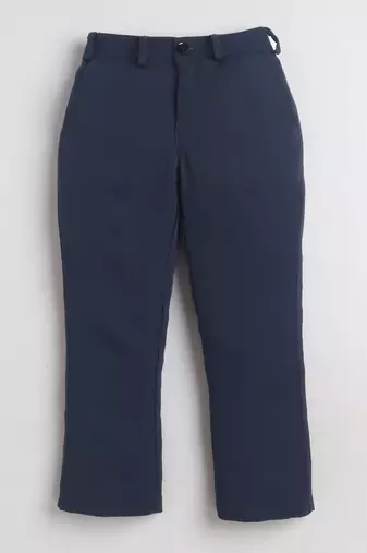 Boys navy blue lycra floral beadwork embroidered bandhgala blazer & trouser set
