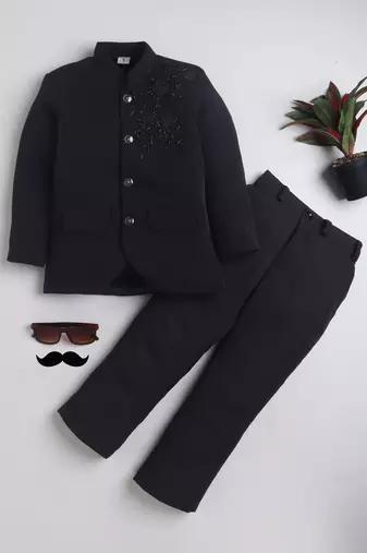 Boys black lycra floral beadwork embroidered bandhgala blazer & trouser set